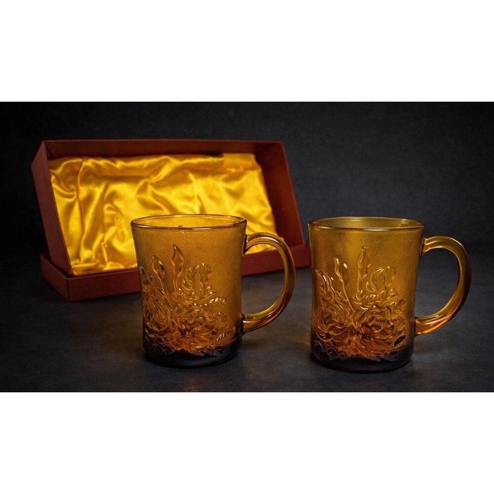 Vintage Amber Glass Mug Set Rose Floral Indonesia GB1199 w Box Gift Set